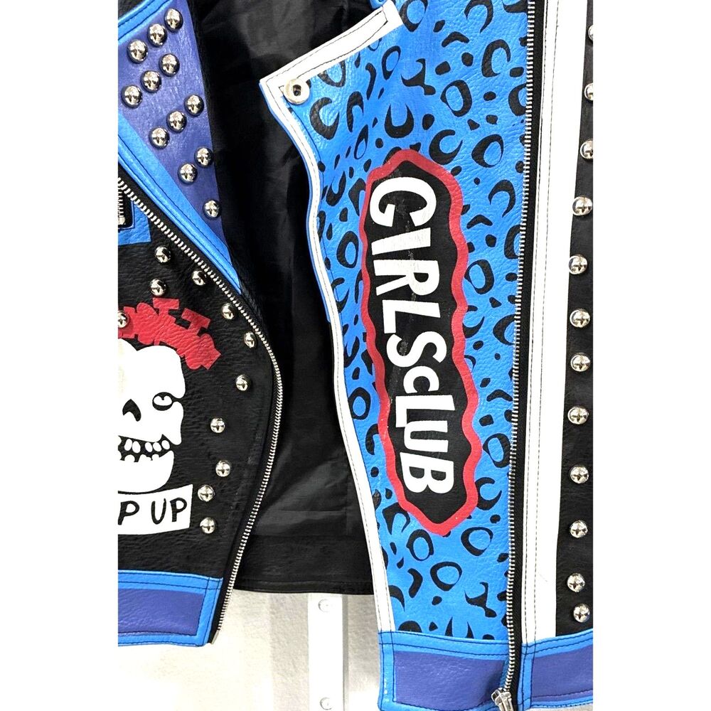 Azalea Wang Stud Moto Jacket Vegan Leather Blue World Panther Graphics - Size L - Picture 4 of 6